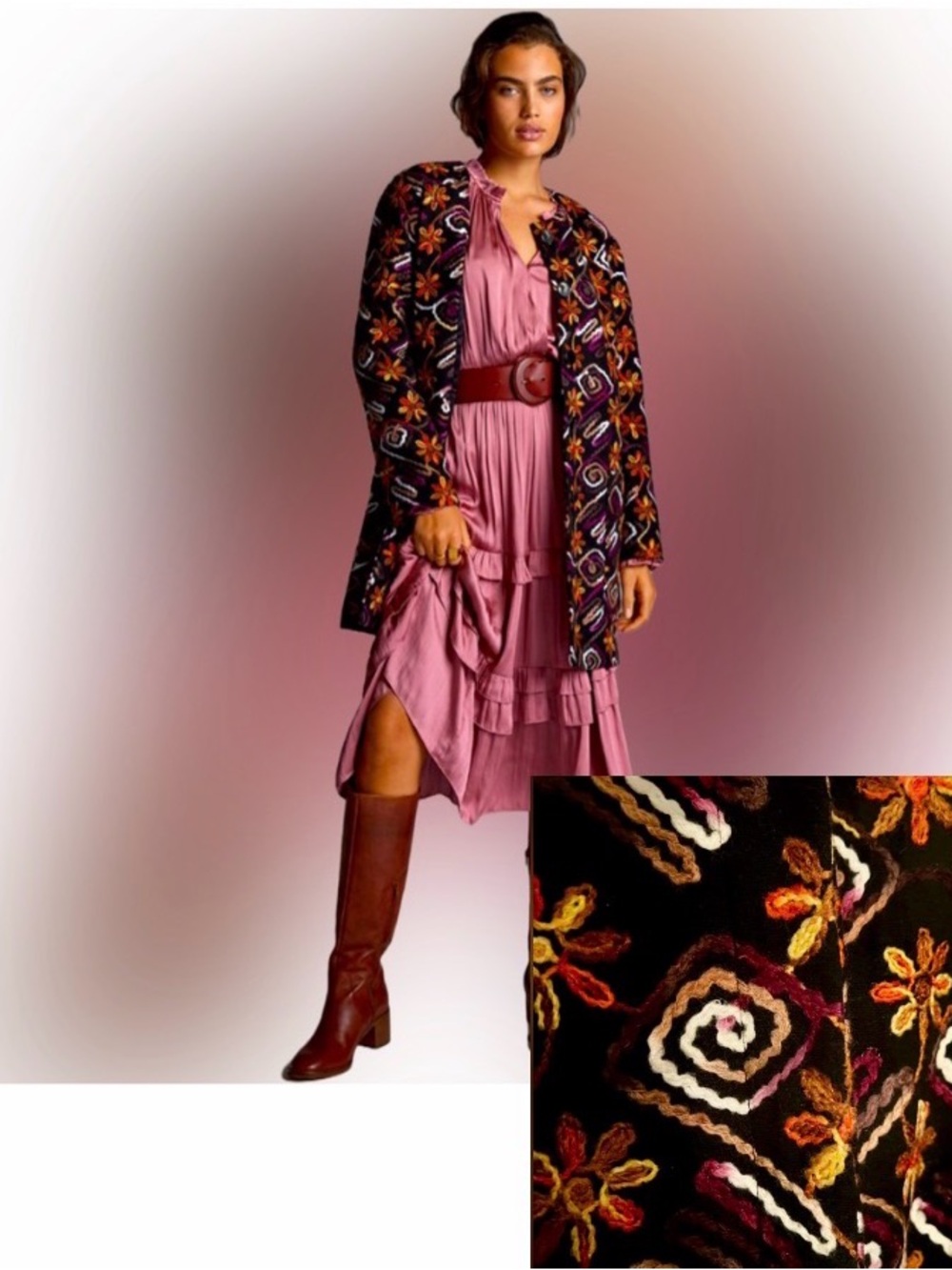 🌺Anthropologie Hutch Women’s Large Black Pink Floral Embroidered Coat🌸🌺